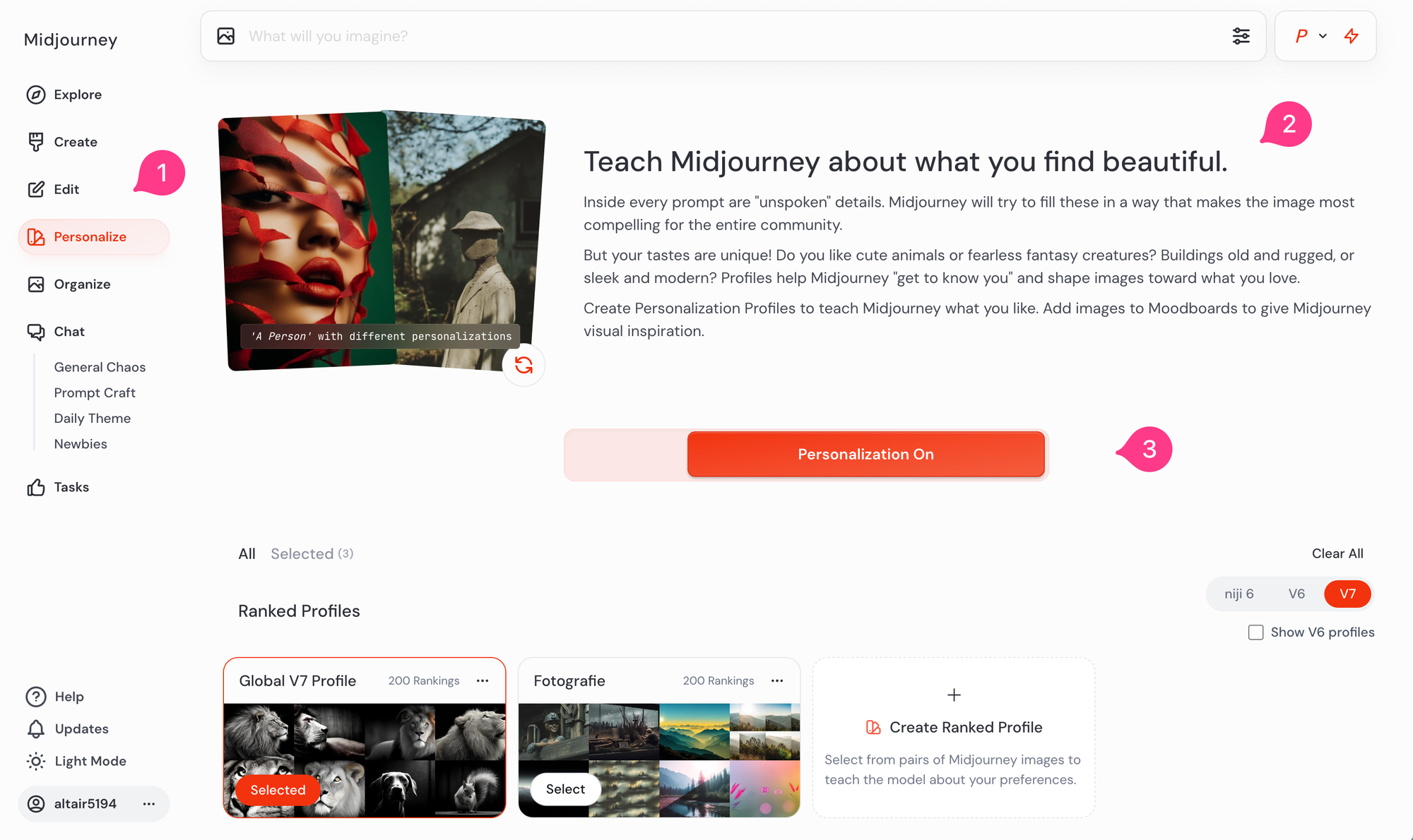Screenshot der Midjourney-Oberfläche, in dem der Personalize-Menüeintrag und der Button zur Aktivierung für die Personalisierungsfunktionen markiert sind