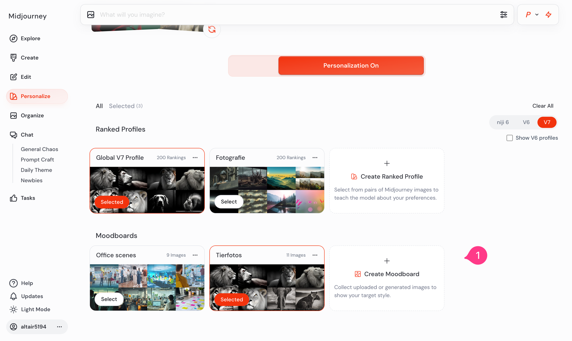 Screenshot der Personalisierungsseite von Midjourney, in dem die Funktion markiert ist, mit der ein neuen Moodboard erstellt werden kann