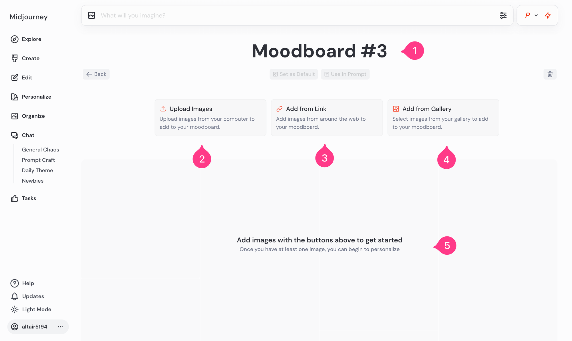 Screenshot von Midjourney, in dem die Optionen für das Hinzufügen von Bildern zu einem Moddboard markiert sind