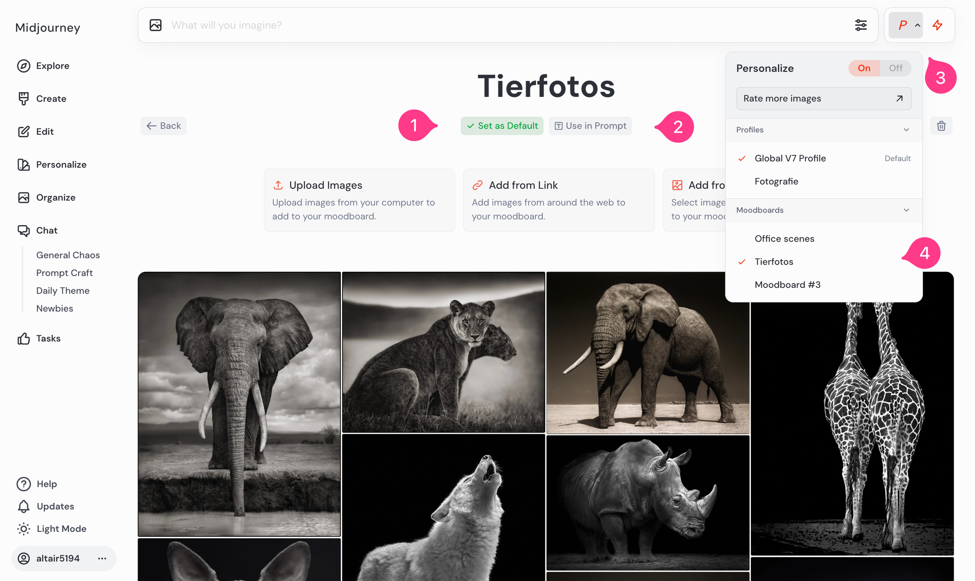 Screenshot eines Moodboards in Midjourney zum thema Tierfotos. Markiert sind die Optionen, wie dieses Moodboards bei der Bildgenerierung verwendet werden kann