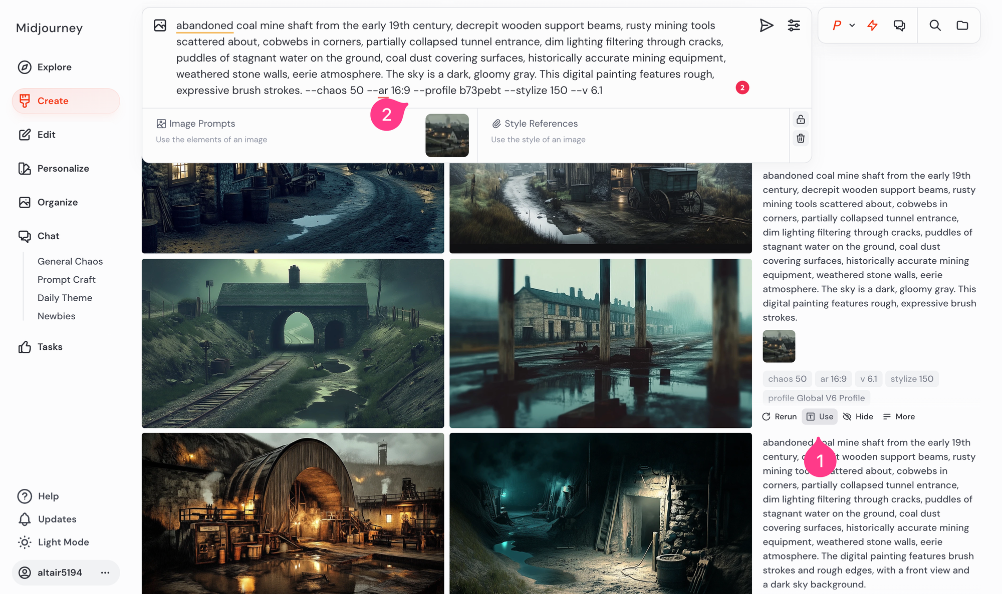 Screenshot, der zeigt, wie Profile und Moodboards direkt in Textprompts verwendet werden kann