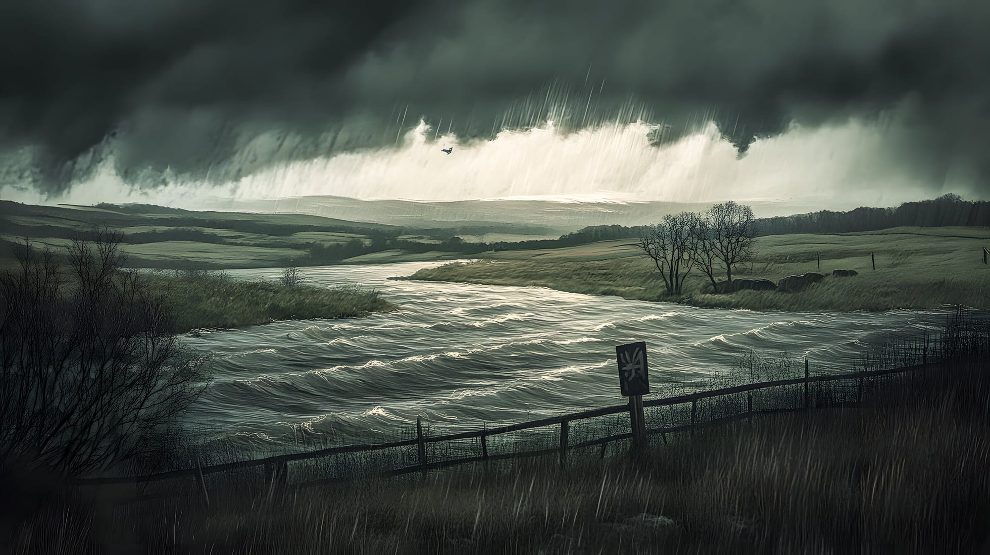 Sturmlandschaft mit aufgewühltem Fluss unter düsterem Himmel. Regenschauer ergießen sich über sanfte Hügel, während ein einsamer Vogel durch das aufziehende Unwetter fliegt.