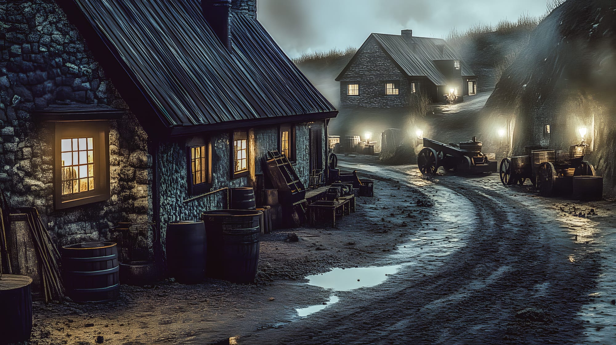 Nächtliche Dorfszene mit Steinhäusern und Schieferdächern. Warmes Licht aus Fenstern. Nasse Straße mit Holzfässern und alten Karren zeigt atmosphärische vorindustrielle Siedlung.
