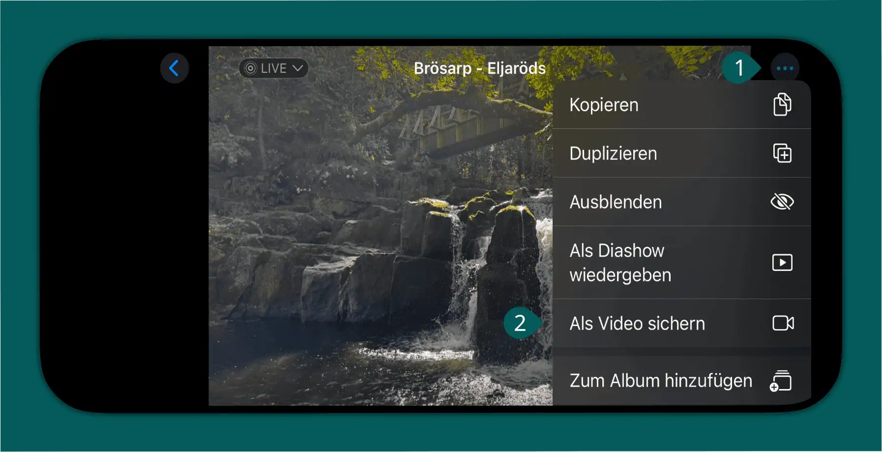 Abbildung eines iPhone mit der Fotos-App und dem Dialog, um Live Photos als Video zu sichern