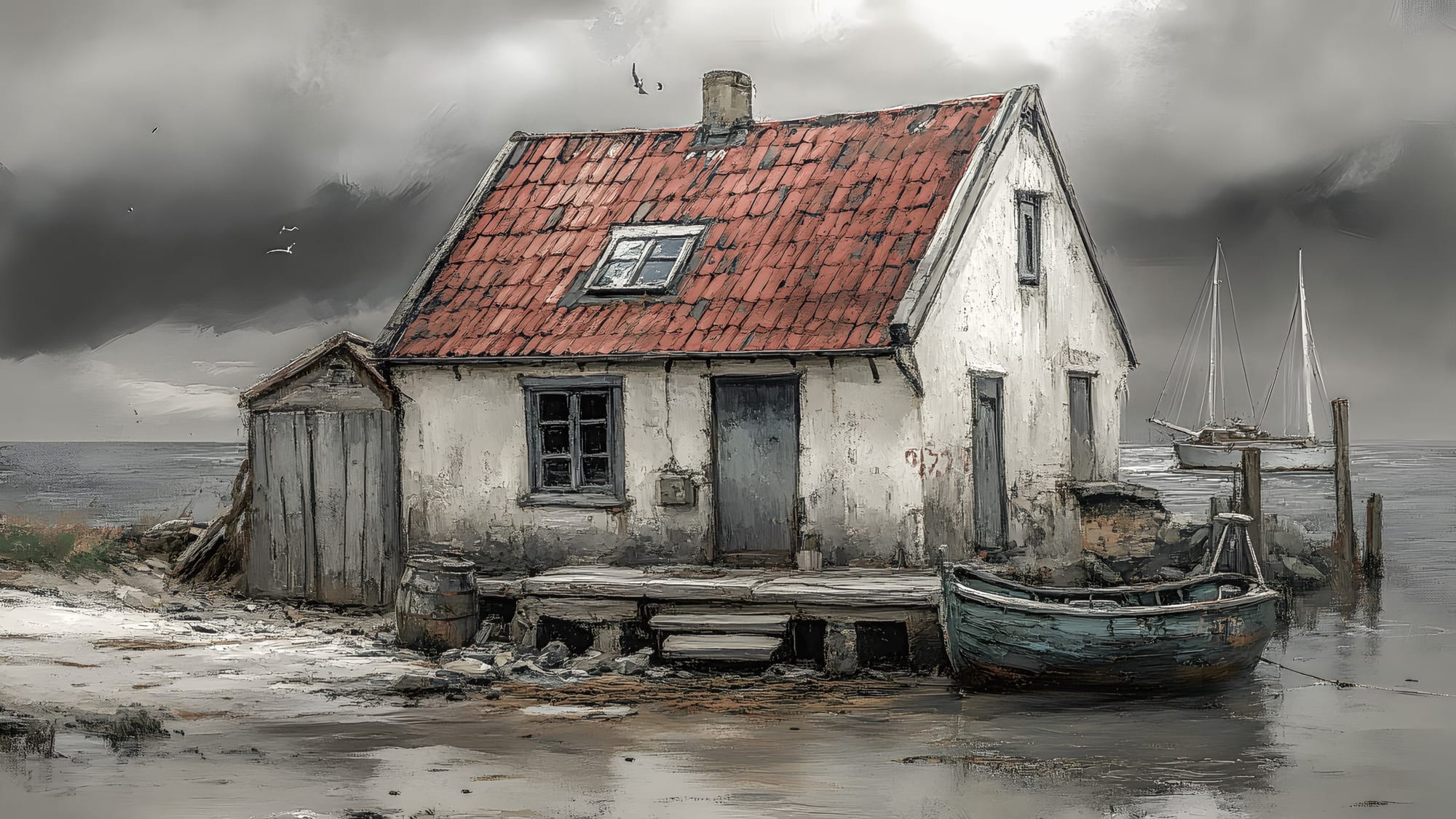 Weißes Fischerhaus mit rotem Ziegeldach und kleinem Boot am Küstenstrand unter stürmischem Himmel. Verwitterter Holzsteg bei Ebbe.