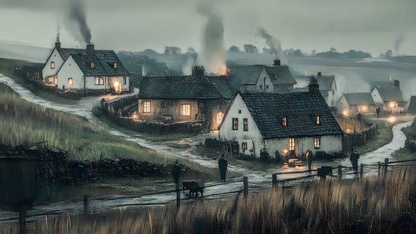 Dorf mit weißen Häusern und schwarzen Dächern im Nebel. Rauch steigt aus Schornsteinen auf. Dunkle Gestalten und ein Tier bewegen sich auf schmalen Wegen zwischen den Häusern.